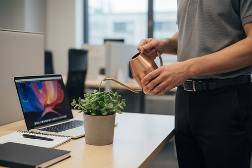 Technician watering desk plant