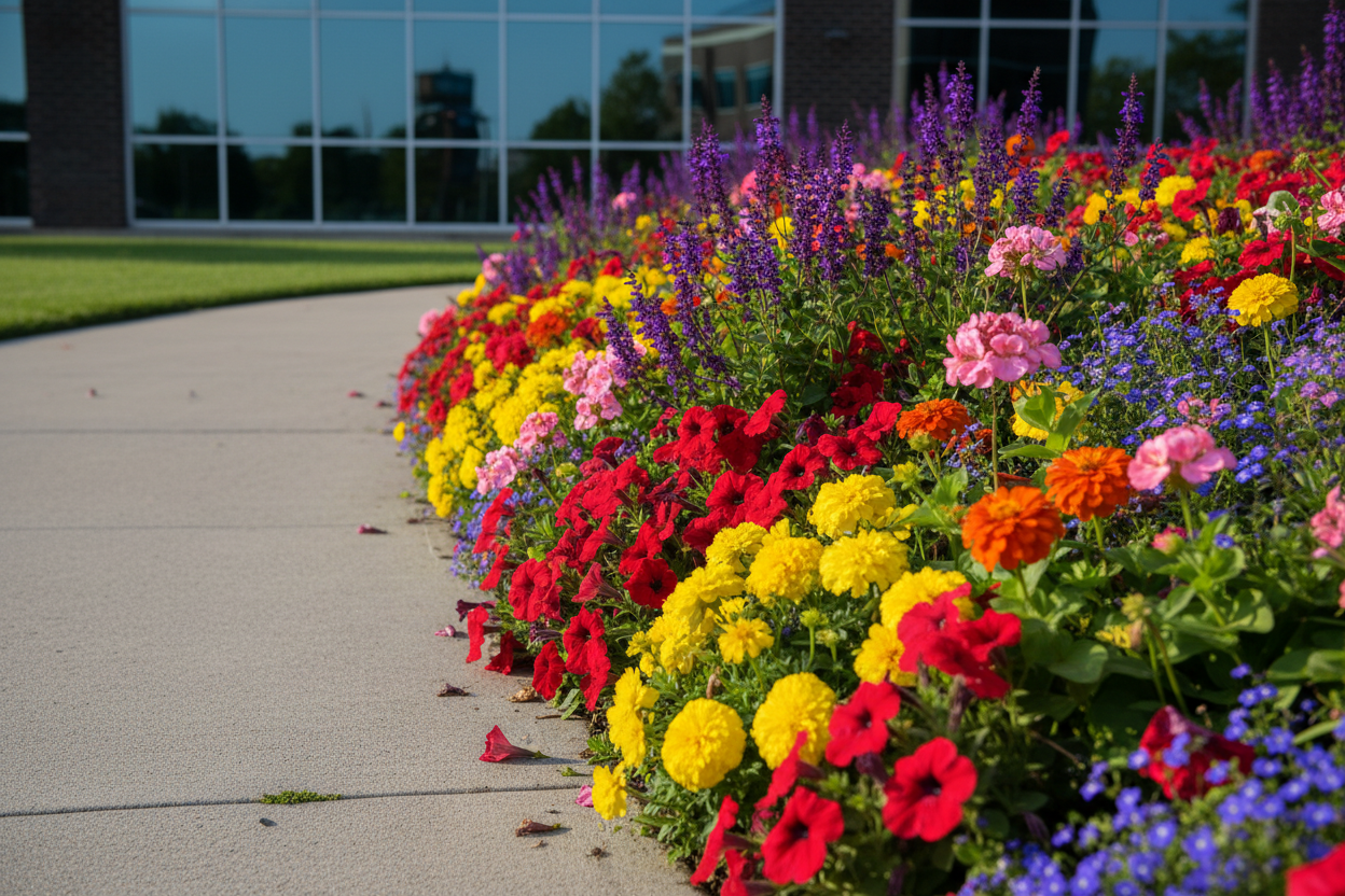 Seasonal flowers by path