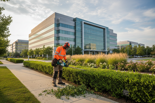 Crew trimming hedge